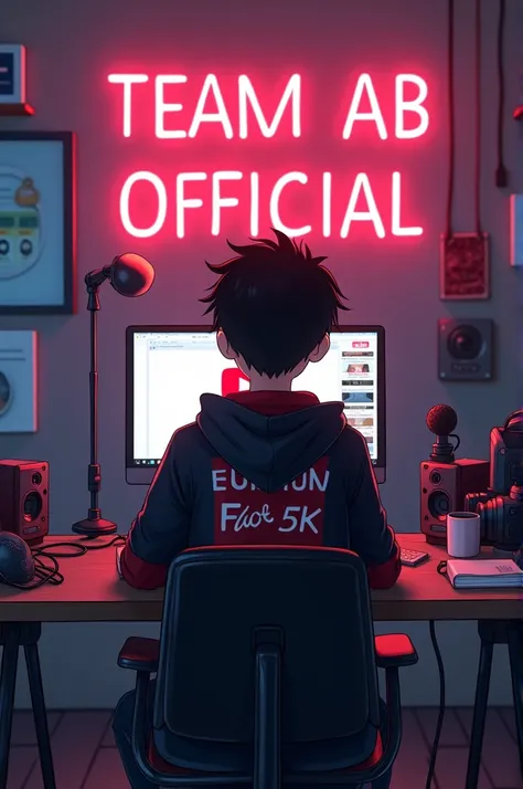 anime-style 1 boy with a smart appearance, sitting in front of a computer desk. He is wearing a black and red hoodie with the Channel Name suraj fact 5k on it. The setup includes a microphone and a laptop on the desk. The background features a large YouTub...