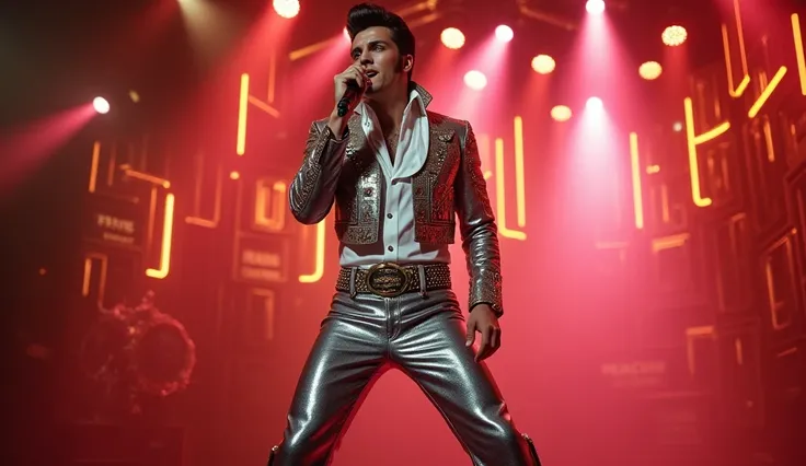 Maximum quality masterpiece, 4k resolution, (best quality,4k,8k,highres,masterpiece:1.2), ultra-detailed, (realistic,photorealistic,photo-realistic:1.37), HDR, A handsome performer, reminiscent of Elvis Presley, takes the spotlight on stage, wearing a styl...