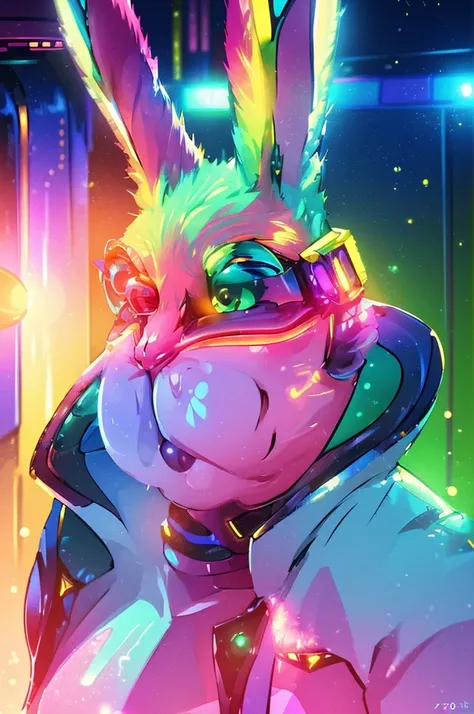 (  cool rabbit agent ， with futuristic tech glasses，, Colored mucus, Shiny and 、it&#39;Soft, , , ,  iridescent color , Vivid rainbow colors ,  glitter and magic , , Interesting, ,  

( is the best quality,  super detailed,  actual :1.37),  bright colors , ...