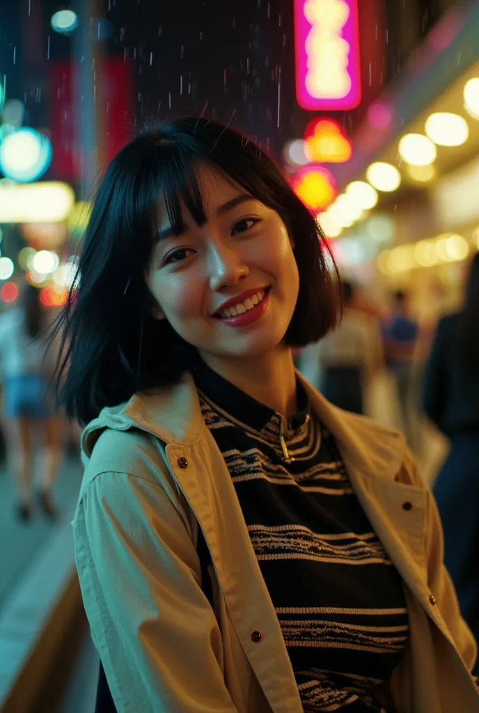 masterpiece,  RAW Photos, film photo,  90s flash photo , (Sparkle:1.3),  close-up portrait of an Asian woman walking with a smile from her waist up,Age 32、 Blurry multicolored lighting , 1 person、 in downtown New York at night、Heavy makeup、 very beautiful ...