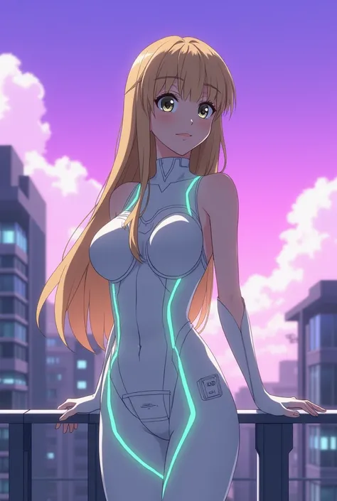 anime, female, young adult, in her early twenties, white form-fitting suit that covers the entire body except arms, futuristic, green lines, accentuated crotch, hourglass figure, sleeveless, Bare exposed arms, futuristic home, visible outlines of groin, lo...