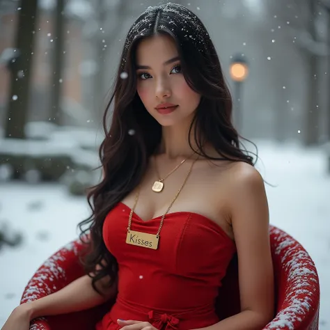 BEAUTIFUL WOMAN WITH LONG BLACK STRAIGHT HAIR WEARING TUBE RED DRESS AND NAME TAG NECKLACE "KISSES" SITTING ON SANTA CLAUSE CART WITH SNOW FLAKES BACKGROUND 