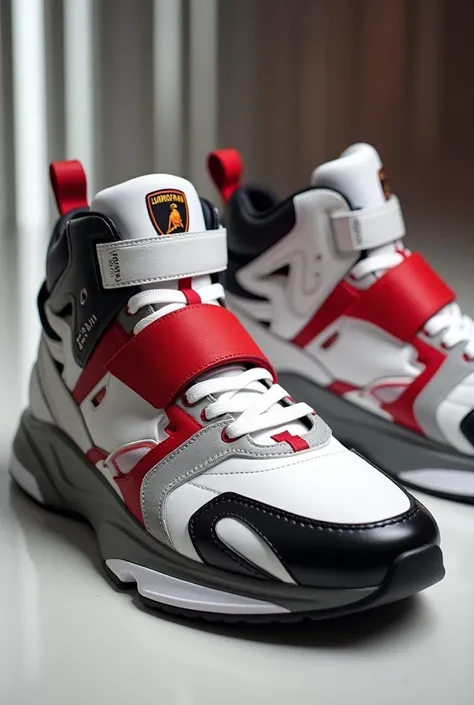 Sneakers, Lamborghini shape ,Laces ,  velcro , color white red black,sporty,Elegant