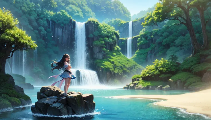  anime girl standing on a rock in front of a waterfall,  concept art：yuumei,  pixiv contest winners ,  conceptual art,  Cyril Rolando,  anime epic artwork , 4k anime wallpaper, and artgerm ,   Digital Rendering  ,  amazing wallpaper , big boobs 4K manga wa...