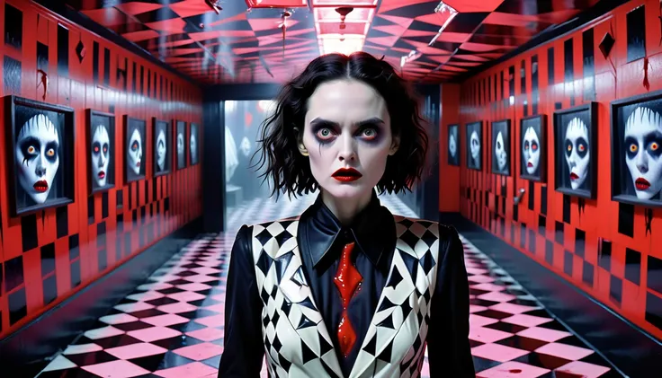 3d, Winona Ryder in Beetlejuice Twisted geometric patterns, kaleidoscopic nightmares, shattered illusions, blood-red angles, haute couture in chaos, Escher-inspired Fashion Weekly, labyrinthine corridors bathed in ominous neon lights, focus on the face, ma...