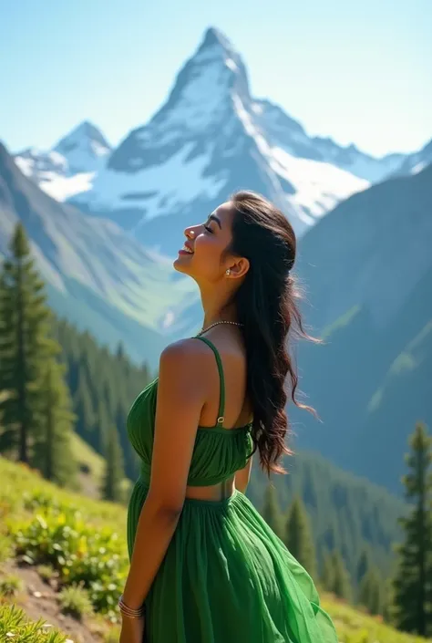 Absolutely real image a beautiful, pretty, gorgeous, lightly chubby-fit, indian girl wearing hot green dress,is enjoying the beauty of mountain 