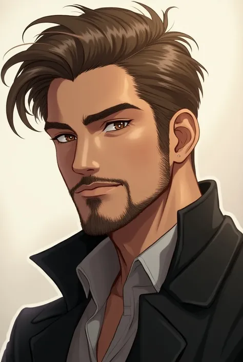 handsome anime man, with short light brown hair brushed back ,  with a little beard and mustache and light brown eyes