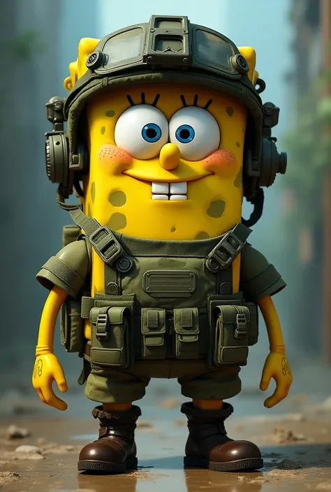 SpongeBob in military uniform, Tactical helmet and bulletproof vest, 