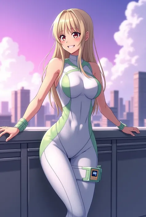 anime, female, young adult, in her early twenties, white form-fitting suit that covers the entire body except arms, futuristic, green lines, accentuated crotch, hourglass figure, sleeveless, Bare exposed arms, futuristic home, visible outlines of groin, lo...