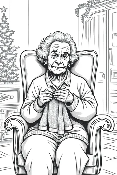 Comicbook style, line art, old woman, sitting in chair, holding knitted sweater, living room, Christmas decorations, no color, art looks hand drawn