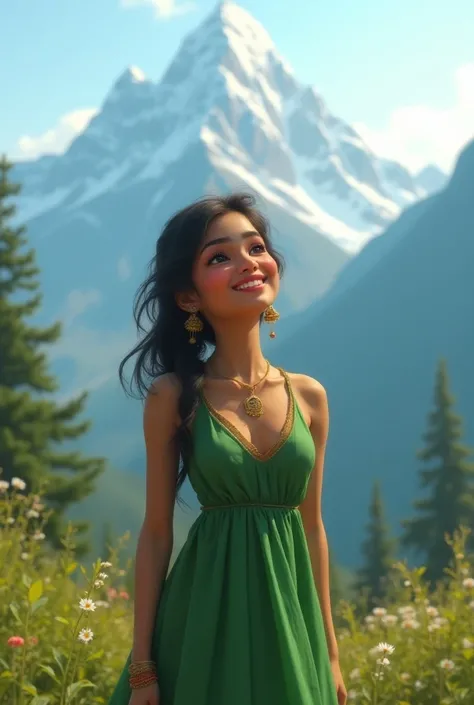 Absolutely real image a beautiful, pretty, gorgeous, lightly chubby-fit, indian girl wearing hot green dress,is enjoying the beauty of mountain 