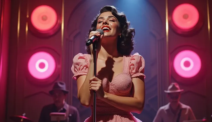 Maximum quality masterpiece, 4k resolution, (best quality,4k,8k,highres,masterpiece:1.2), ultra-detailed, (realistic,photorealistic,photo-realistic:1.37), HDR, A beautiful performer, reminiscent of Patsy Cline, takes the spotlight on stage, wearing a styli...