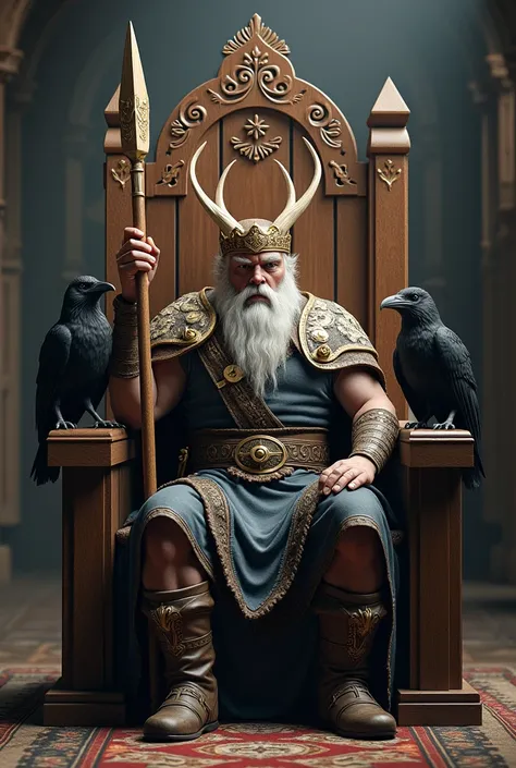 Odin seated on his wooden ornated throne, not too muscular, wearing a crown decorated with wood in the shape of branches, wearing an eyepatch, holding his spear in one hand and accompanied by his two ravens.