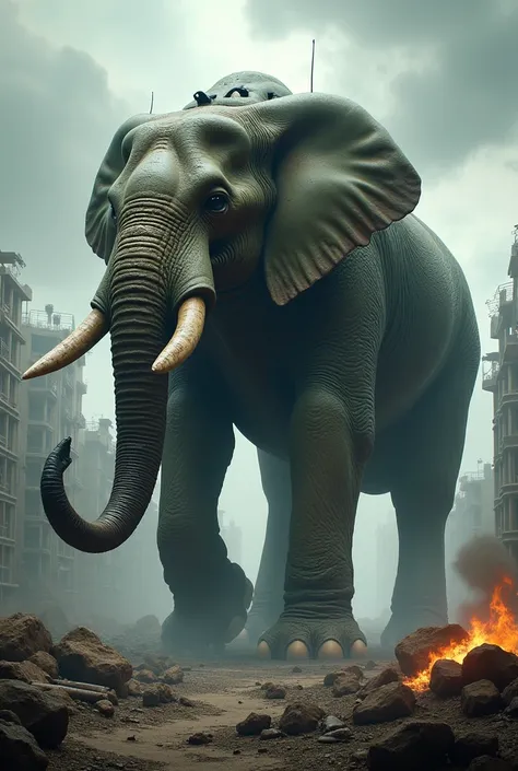 I want to create a hyperbrid animal image from these two animals Elephant and Tank with dangerous background