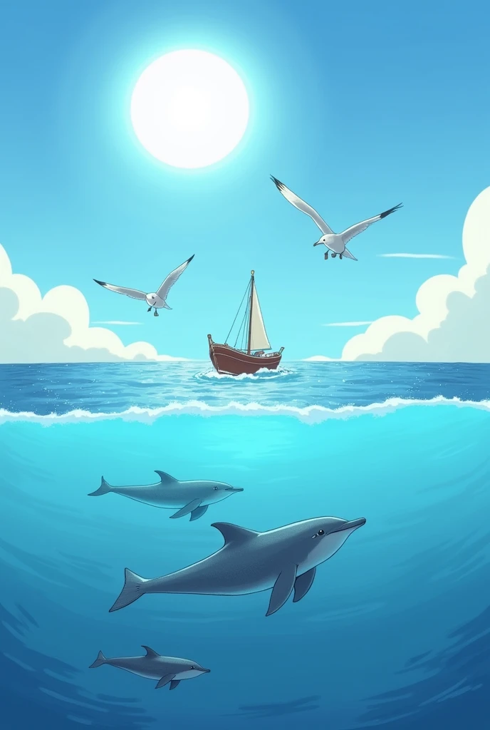 picture . sea,  small waves . the sun is shining brightly. In the blue sky Two seagulls in the foreground, three seagulls in the background .  A boat with its oars down swims in the foreground.  A school of dolphins is swimming towards her .