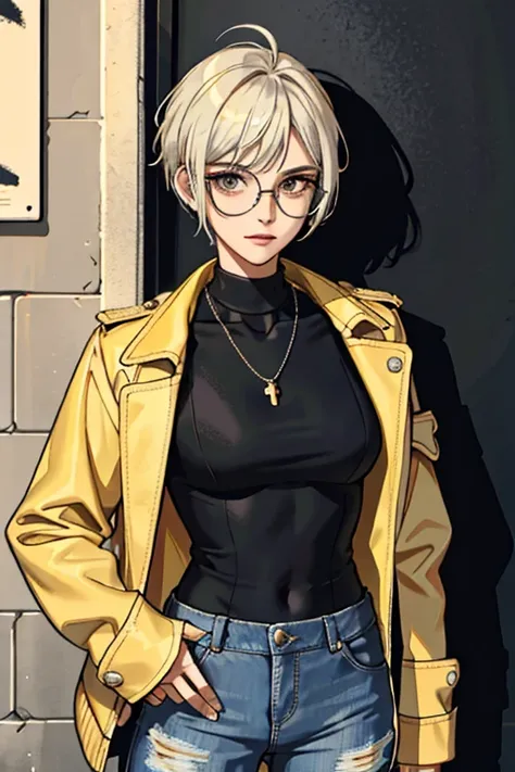 (  masterpiece  :1.2,   the best quality), (1 dama, alone,    upper body   :1.2), hair: yellow,    Pixie Cut, Clothing:  red shirt, turtleneck,   Distressed denim jacket with patches and pins   ,  Rojo con jeans extragrandes blacks y botas militares , blac...