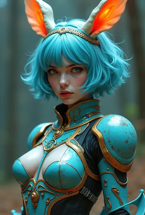 A beautiful,  attractive cyborg hare girl ,  facial features of a Russian native woman ,  wearing cyberpunk design full armor ,  short curly aqua blue hair ,  treasure quality clothing , ( wearing multicolor clothes of a Russian native woman {x} Aboriginal...