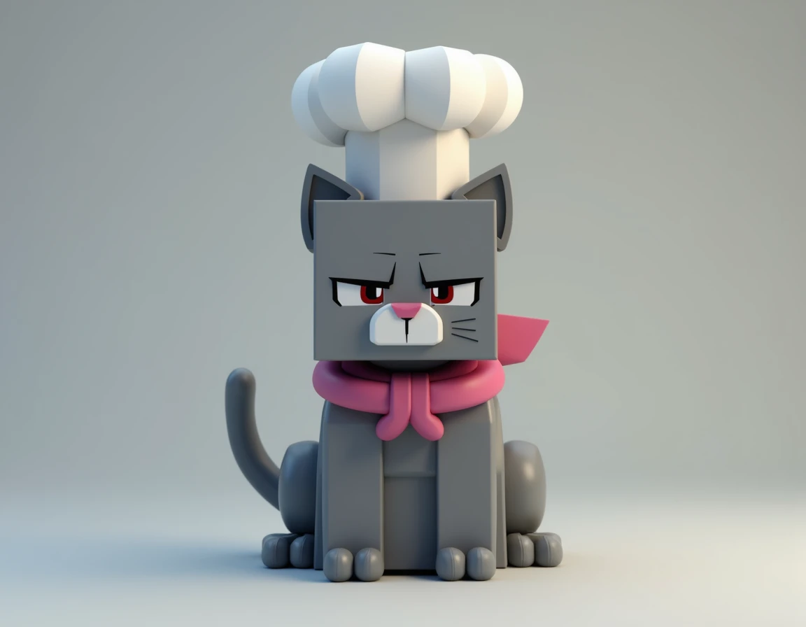 Minecraft-style image of a serious gray cat wearing a pink collar with a bottomless chefs hat