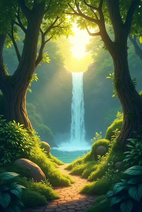 In cinematic 3D cartoon style "How about a mysterious forest with a hidden path leading to a magical waterfall? 🌿✨ Imagine the sunlight peeking through the trees, casting a golden glow on the water. It could be a great setting for an adventure or a magical...