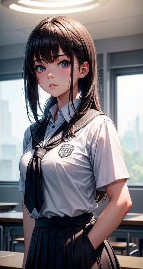 1 Girl,  Ray4 Ashleys Portrait, sports, Black school uniform,  white shirt , classroom, Volumetric Lighting,  is the best quality, masterpiece,  intricate details , Tone Mapping,  clearly focuses ,  highly detailed ,  Is Trending on ArtStation,  actual , 