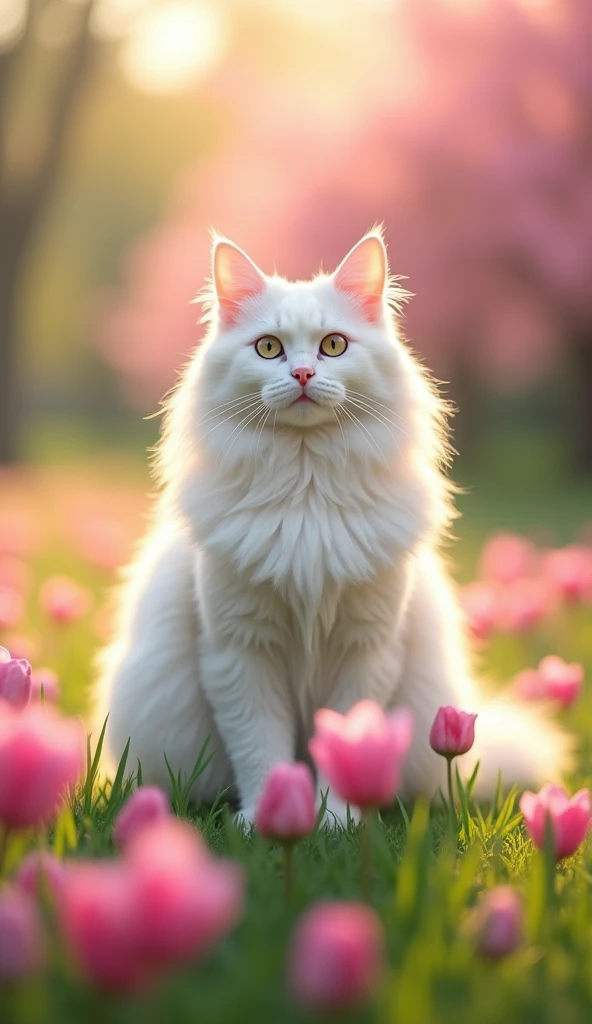 A fluffy, long-haired white cat sitting gracefully in a vibrant garden filled with blooming pink flowers and lush green grass, with a soft and dreamy lighting. The focus is on the cat, with some flowers blurred in the foreground for a bokeh effect. The sce...