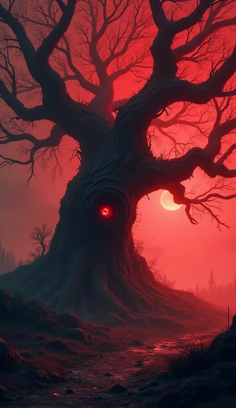 An ancient, twisted tree with dark bark, glowing sinister eyes embedded in its trunk. The branches of the tree spread out in unnatural directions, looking like skeletal arms. There is an ominous red glow around the tree, casting long shadows."