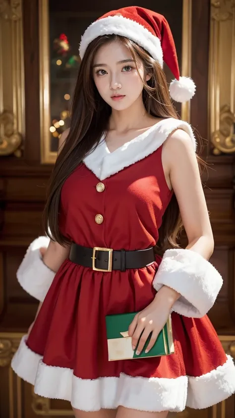  Christmas, Santa cosplay,Santa Claus in dress style, 1 girl, Alone,  high resolution on down, Long Hair, chest, smile,  open your mouth ,  Glance , Brown Hair,  high resolution on down, highest quality,  high definition model, 高quality, quality,  Textured...