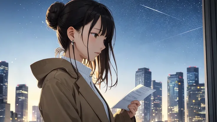 Shiraishi Mei, Looks exactly like Shiraishi Mei, woman looking up at the sky  , ,（(neatly trimmed bun hair 1.8)）。One person travel、20th Generation、Right beside･profile（(1.2)）、 so that the light source is blurry 、To see into the distance、Junction、Night view...