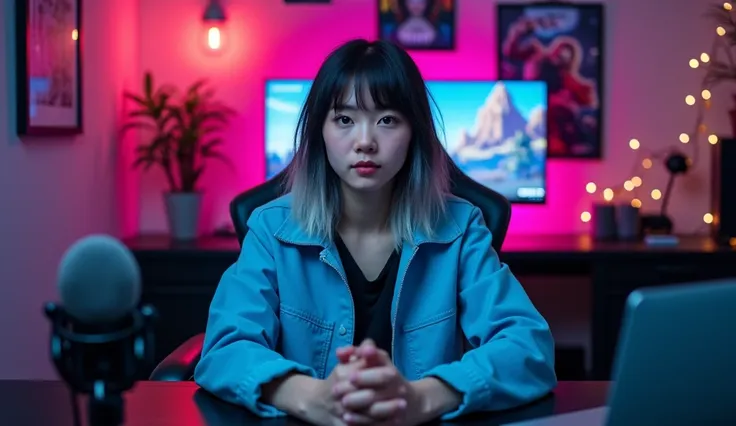 A 19-year-old girl sits at a modern computer desk, looking directly at the camera as if in conversation. He wears a stylish sky-blue jacket and has a cool fringe haircut in black-silver color against a black background. The gaming-themed backdrop features ...