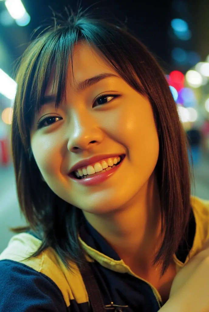 masterpiece,  raw photos, film photo,  90s flash photo , (sparkle:1.3),  close-up portrait of an asian woman walking with a smil...