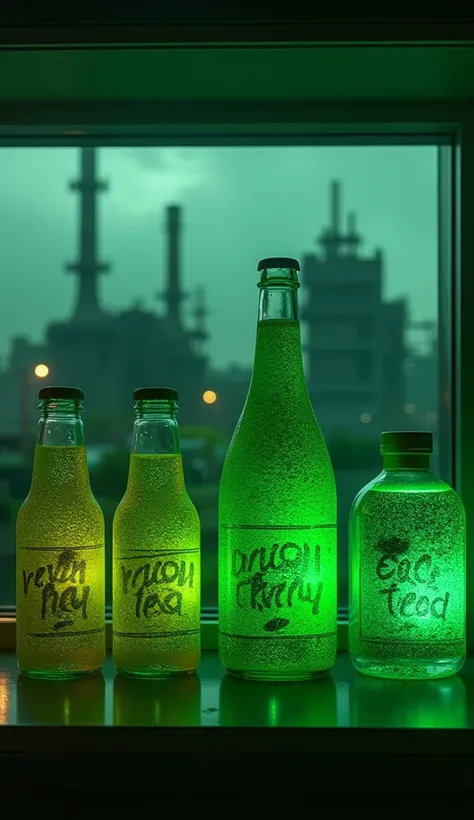 A shelf of green products with intense glowing green labels that say “eco-friendly,” yet the background shows a faint industrial wasteland in the shadows.