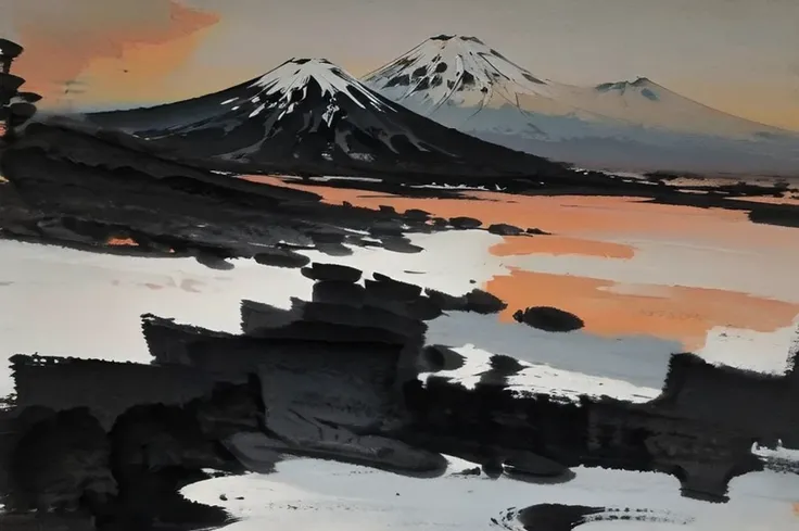 monochrome,Indian ink painting,ink brush painting,ink-and-wash painting,sumi-e,mt.fuji,big sunrise