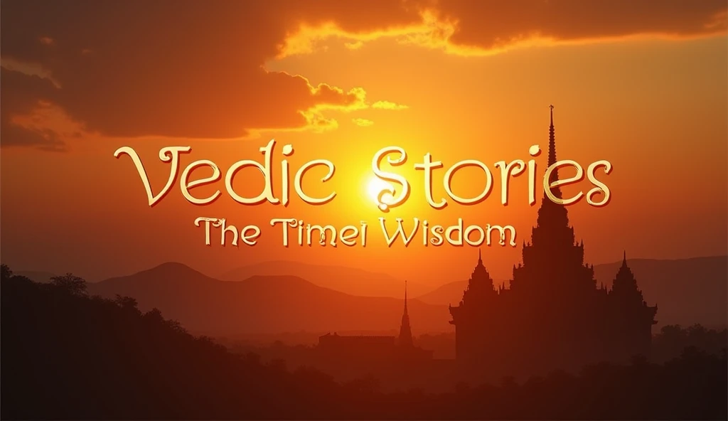 Create a professional YouTube banner with the text Vedic Stories prominently at the center in an elegant, bold font. The background should feature a stunning sunset scene with warm hues of orange, gold, and red, symbolizing the timeless wisdom of the Puran...