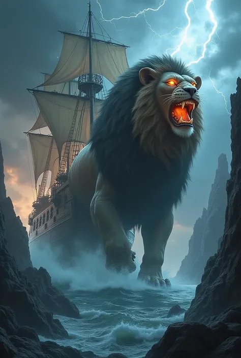 I want to create a hyperbrid animal image from these two animals Lion and Ship with dangerous background 