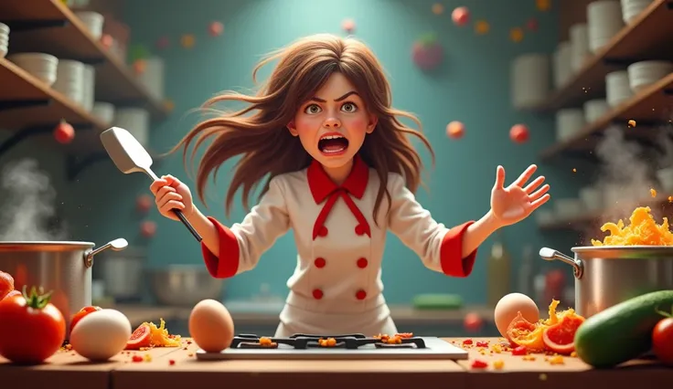  A beautiful 2D chef ,Brown long hair, wearing a white and red chef costume , frontal view, holding a spatula in the kitchen ，The look is panicked，Very messy in the kitchen ，There is a boiling pot with the soup overflowing on the table in front， tomatoes p...