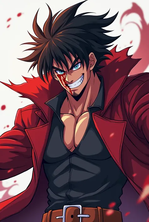 Draw the character Fang from Brawl Stars in anime Gojo style after a fight, with disheveled hair and blood on his face, smiling, baring his fangs and looking down at us.