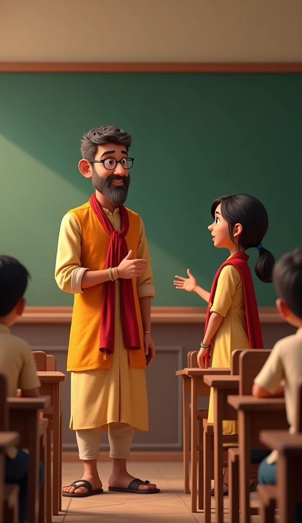 A very clear ultra HD image of "A classroom scene with a middle-aged male teacher dressed in traditional Indian attire, looking at a young student in a school uniform. The teacher has a curious expression, asking a question. The classroom setting has simpl...