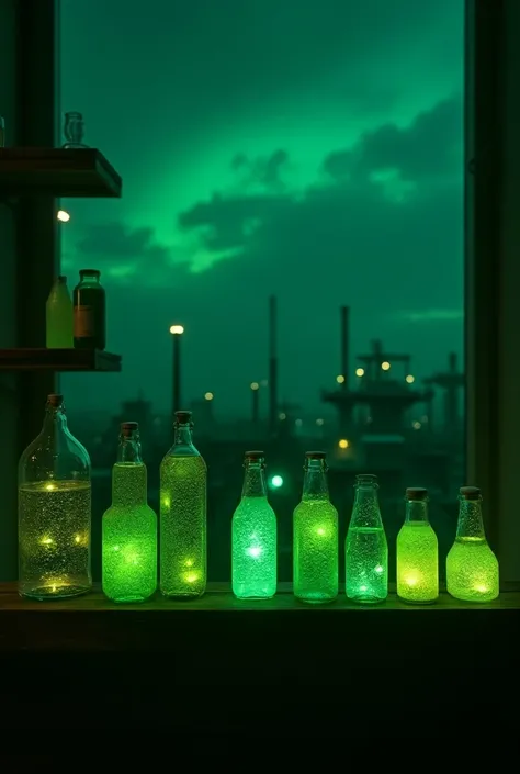 A shelf of green products with intense glowing green labels that say “eco-friendly,” yet the background shows a faint industrial wasteland in the shadows.