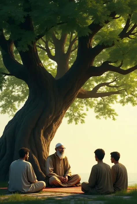 "A few young men are sitting in front of a Muslim man, under a beautiful large tree."

