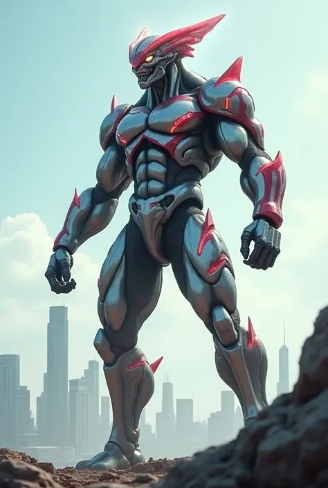 Imagine a towering, humanoid alien standing heroically with a strong, muscular build. Its skin is primarily metallic silver, accented with red armor-like markings on its chest, shoulders, and limbs, adding to its powerful appearance. The creature has a fin...