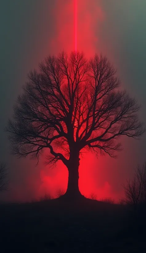 "A faint, eerie whispering is implied in the air around the scene, giving the impression of an unseen presence. The red glow intensifies around the tree, adding to the feeling of terror and an overwhelming sense of dread."
