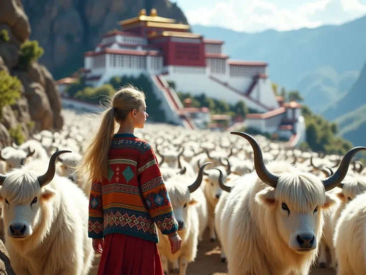  A girl wearing a Fair Island sweater ，Drive 1,000 white yaks to the foot of the Potala Palace with their hair tied