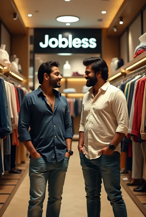 "Darshan and Sudeep from Kannada cinema, friendly and casually shopping together at a high-end fashion mart for menswear. They are laughing and browsing through trendy clothing racks. The store is stylish, modern, with sleek interiors and a sign that reads...