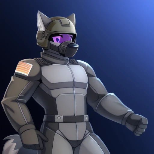 solo, male, wolf, gray colored fur, lean body, anthropomorphic wolf,, military helmet, Black muzzle, Gray helmet, iron suit, purple optics, defender, iron clad, mecpilot, augments to body, 