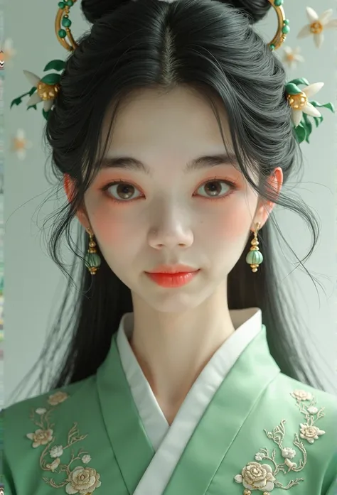 hentail realism，（tmasterpiece，top Quority，best qualtiy），（1 Girl Solo：1.3，facial closeups，The upper part of the body）， （Gentle eyes），（Green embroidered hanfu，Tulle streamers），（Hairpins，black and long hair），（Green Hanfu），Light pink lips，（ younger ），ear jewel...