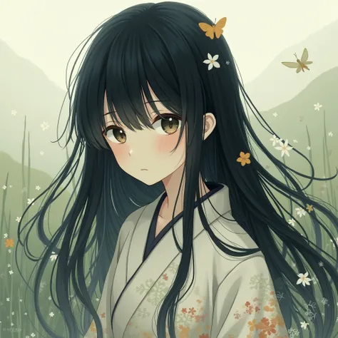  1 girl,  high resolution on down, chest, Black Hair,  simple background ,  bangs between eyes,  very long hair, Closed eyes,  blurred background, Best Quality, Kimono Hanakai 、tattoo、 sad anime,  abstract painting, I feel more relaxed、valley、Kimono Black、...