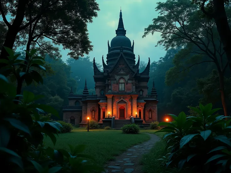 Twilight Forest, tropical, through the trees you can see the old temple ,  architecture is a mixture of Gothic and Eastern Buddhist styles,  the structure is illuminated with oil lamps , Night, Palette: Green, Red, Black, White