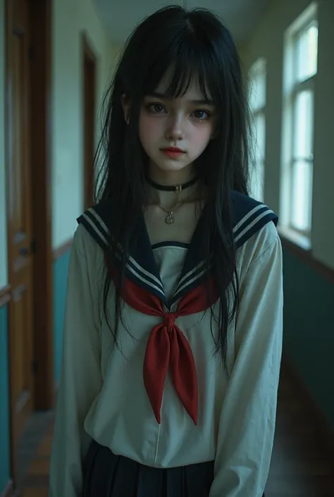 Realistic like a photo, full body, dark atmosphere, pretty female late teen, big wide eyes, wearing sailor uniform, school skirt, thin bang, black hair, very long hair, pale white skin, small lips, master piece, photorealistic, amazingly detailed face, max...