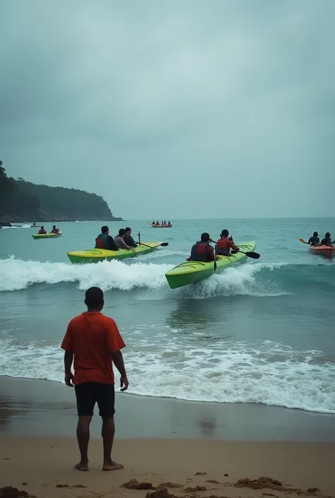 Create a photo of just 3 small kayaks with people inside fleeing the sea and a tired sad islander man watching them from the beach and an angry little community chasing those who escaped with a kayak behind.