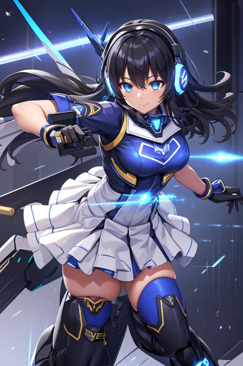  and smiles 、mecha wing、Thighs、tights、chest、Shiny black hair、 1 girl、 solo girl 、 headphones、idol dress、idol skirt、mecha girl、Light Blue Armor、 white miniskirt 、 handgun,hand gun